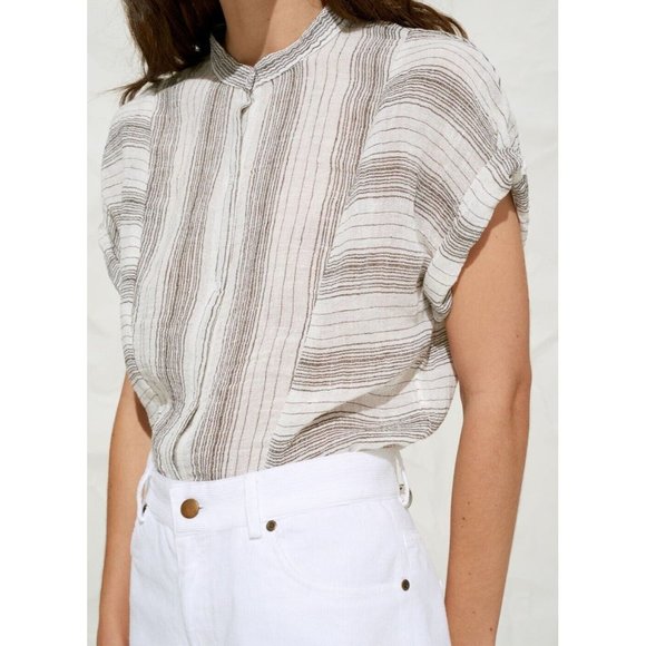 POLDER Spencer White Black Striped Linen Gauze Mandarin Collar Blouse, Size 42 - Picture 1 of 13